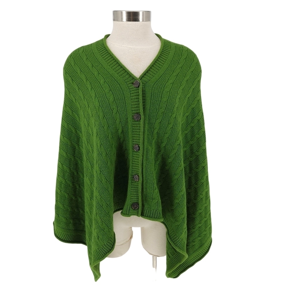 Vince Cable Knit Sweater Cape Poncho Wrap Cashmere Green Button Up V Neck